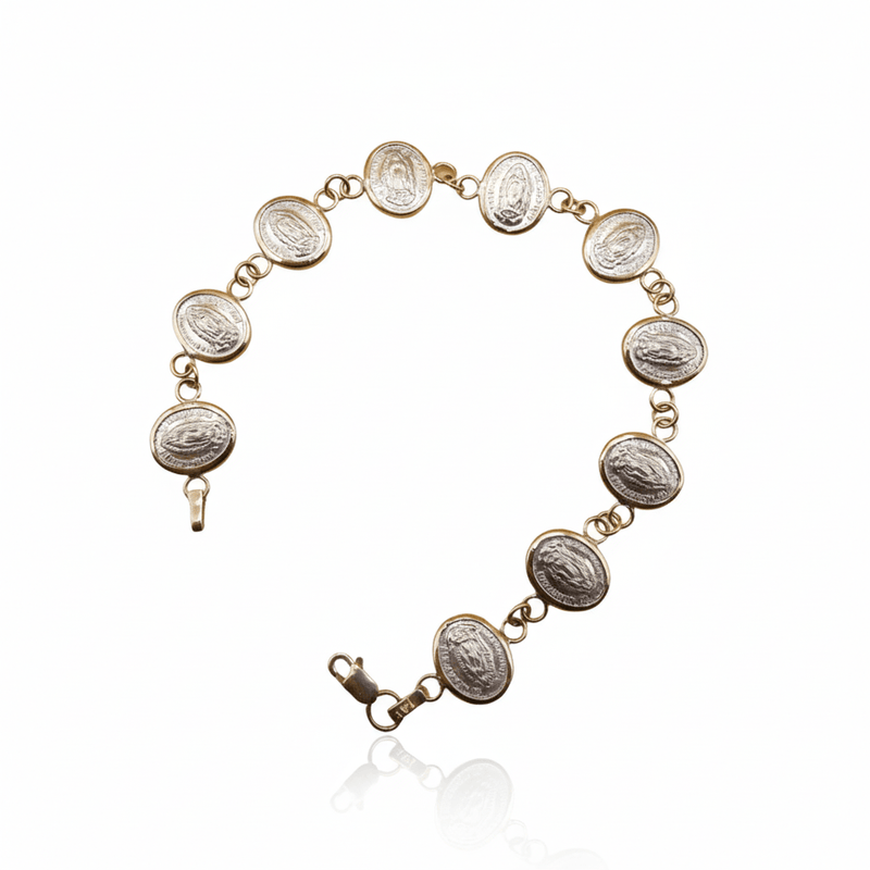 Silver 14k Gold Bezel Virgin of Guadalupe Medals Bracelet | rosary bracelet | decade 6.5 - inch - Guadalupe Gifts
