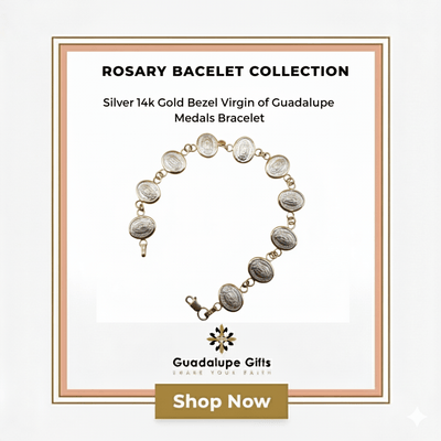 Silver 14k Gold Bezel Virgin of Guadalupe Medals Bracelet | rosary bracelet | decade 6.5 - inch - Guadalupe Gifts