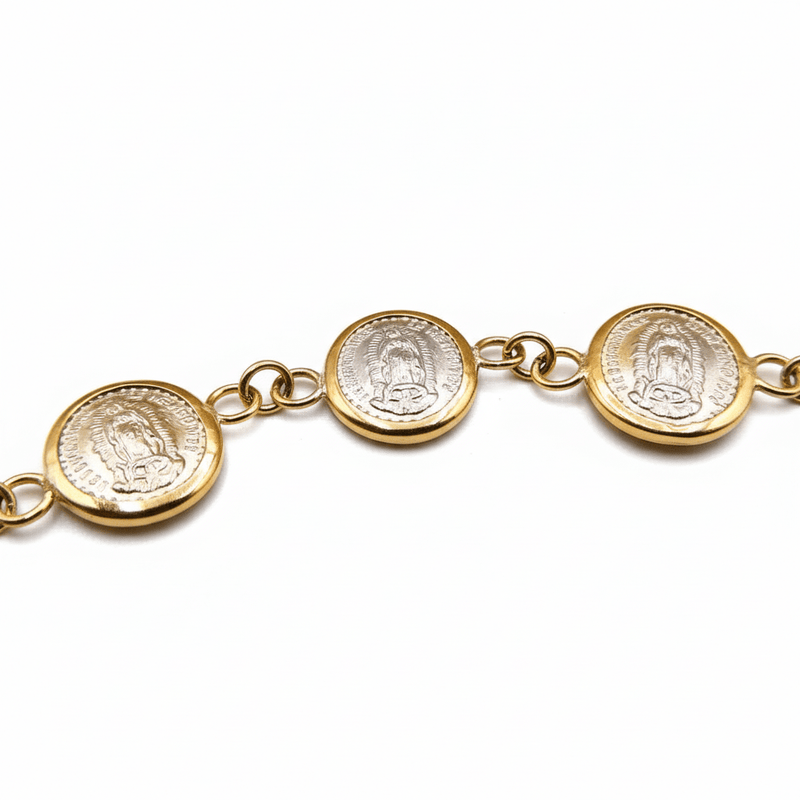 Silver 14k Gold Bezel Virgin of Guadalupe Medals Bracelet | rosary bracelet | decade 6.5 - inch - Guadalupe Gifts