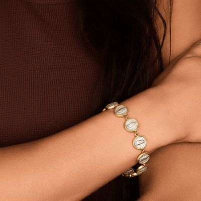 Silver 14k Gold Bezel Virgin of Guadalupe Medals Bracelet | rosary bracelet | decade 6.5 - inch - Guadalupe Gifts
