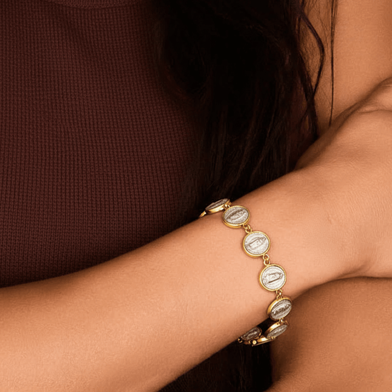 Silver 14k Gold Bezel Virgin of Guadalupe Medals Bracelet | rosary bracelet | decade 6.5 - inch - Guadalupe Gifts