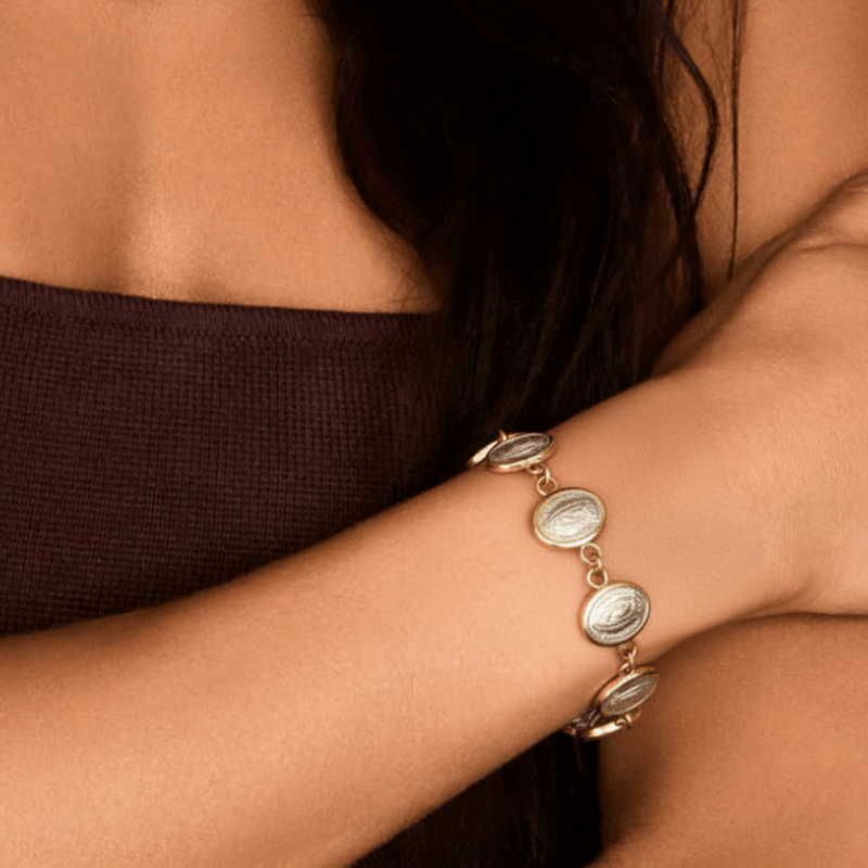 Silver 14k Gold Bezel Virgin of Guadalupe Medals Bracelet | rosary bracelet | decade 6.5 - inch - Guadalupe Gifts