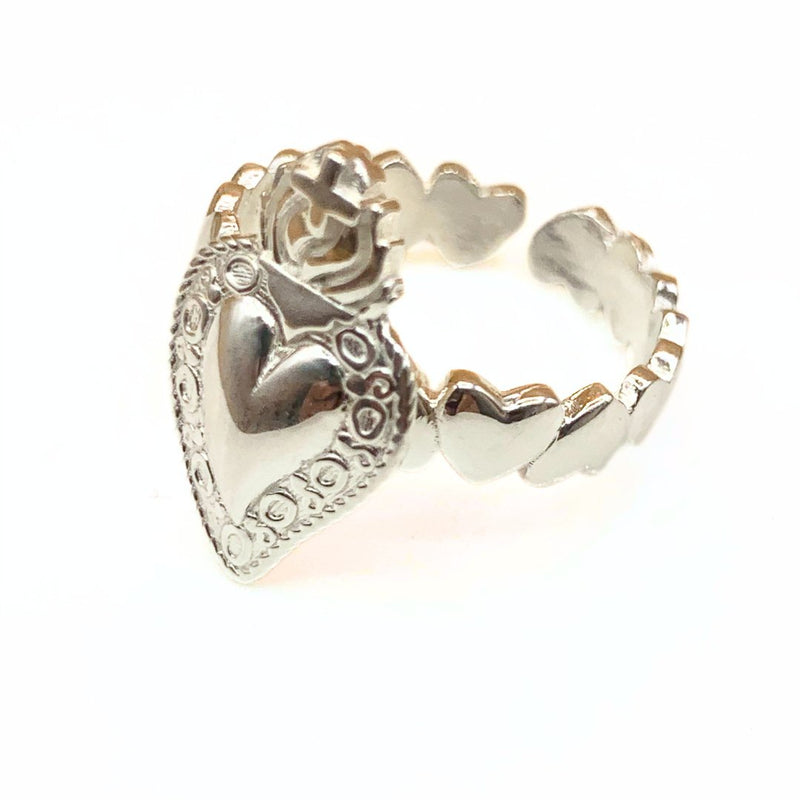 Silver Adjustable Sacred Heart Ring - Guadalupe Gifts