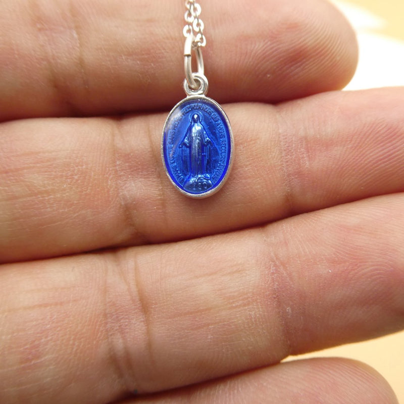 Silver Aluminum Miraculous Medal Blue Necklace 18" | France | Rue du Bac - Guadalupe Gifts