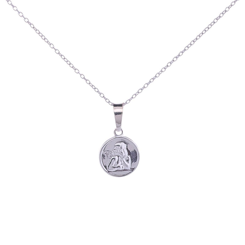 Silver Angel de la Guarda Round Pendant Necklace 18" - Guadalupe Gifts