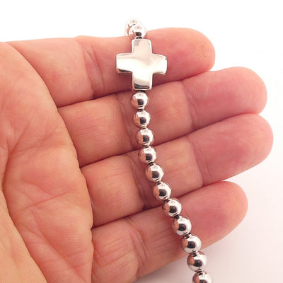 Silver Bead Chain Bracelet with Cross - Men's - 7.5"+1" - Guadalupe Gifts