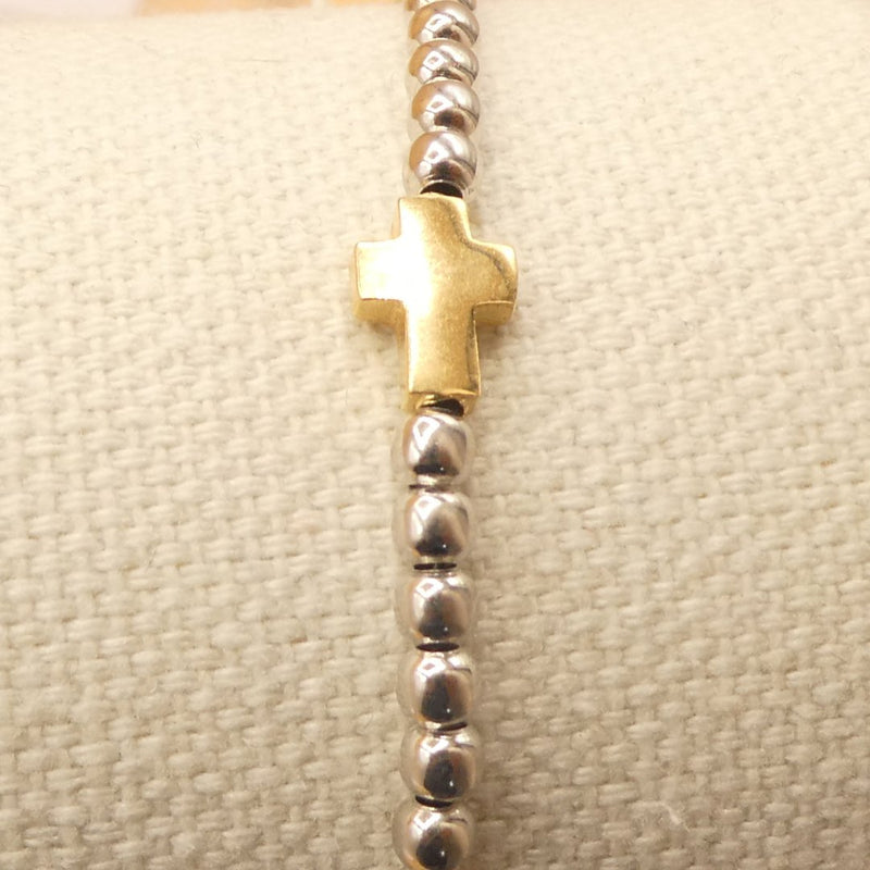 Silver Beaded Cross Bracelet 7.5"+1" - Guadalupe Gifts