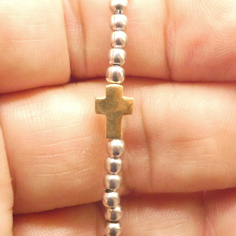 Silver Beaded Cross Bracelet 7.5"+1" - Guadalupe Gifts