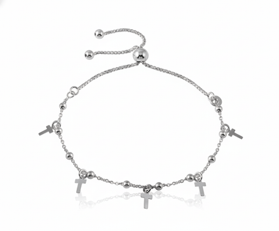 Silver Beaded Cross Charm Lariat Bracelet 7.5" - Guadalupe Gifts