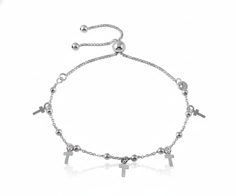 Silver Beaded Cross Charm Lariat Bracelet 7.5" - Guadalupe Gifts