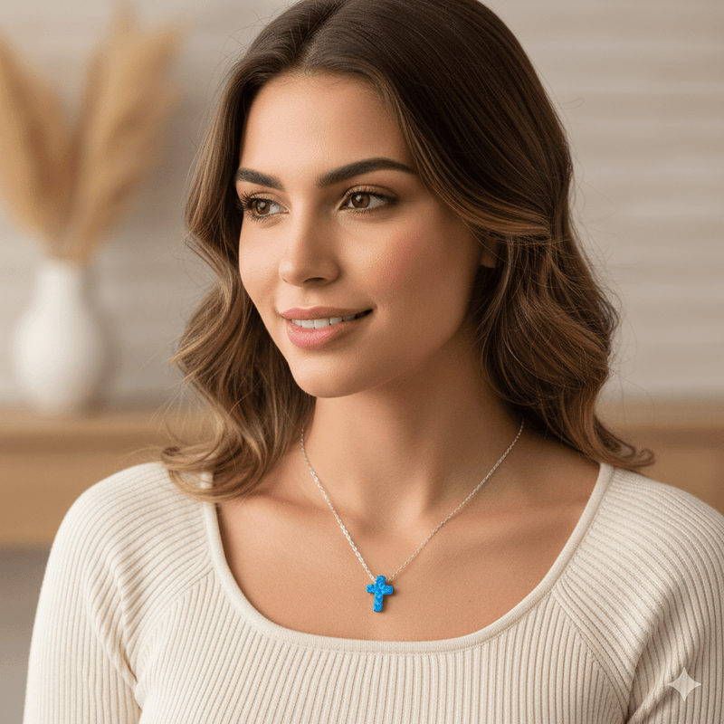 Silver Cross Charm Necklace w/ Blue Opal 18 - inch - Guadalupe Gifts