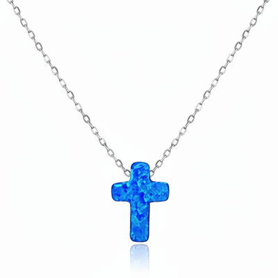 Silver Cross Charm Necklace w/ Blue Opal 18 - inch - Guadalupe Gifts