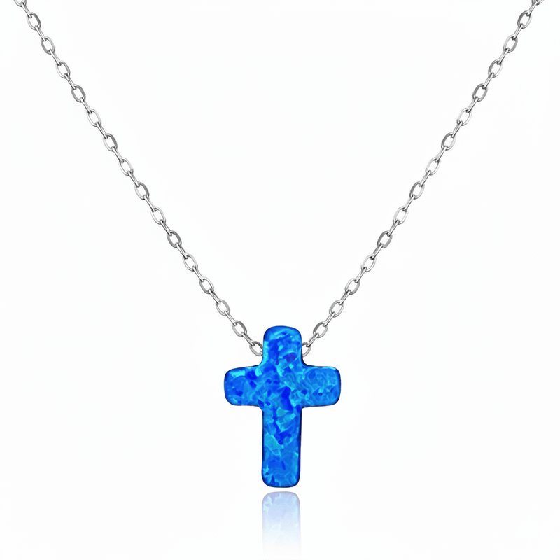 Silver Cross Charm Necklace w/ Blue Opal 18 - inch - Guadalupe Gifts