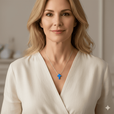 Silver Cross Charm Necklace w/ Blue Opal 18 - inch - Guadalupe Gifts