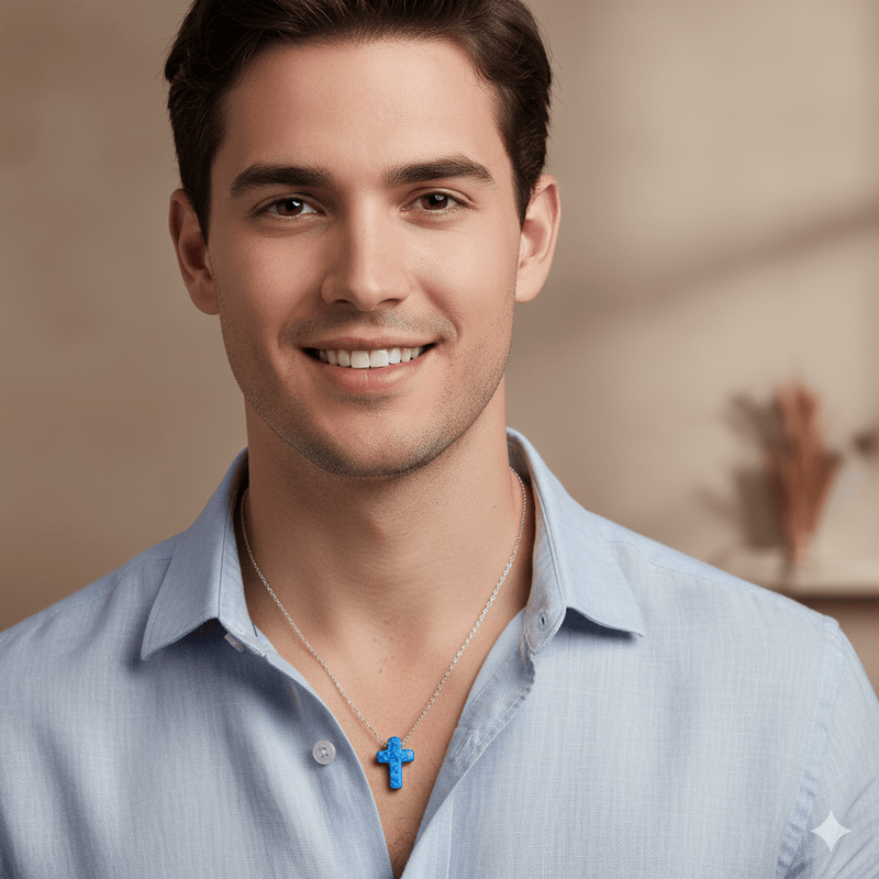 Silver Cross Charm Necklace w/ Blue Opal 18 - inch - Guadalupe Gifts