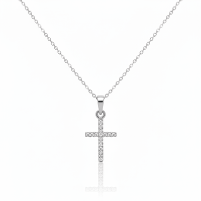 Silver Cross Necklace w/ Clear Zirconias 18 - inch - Guadalupe Gifts