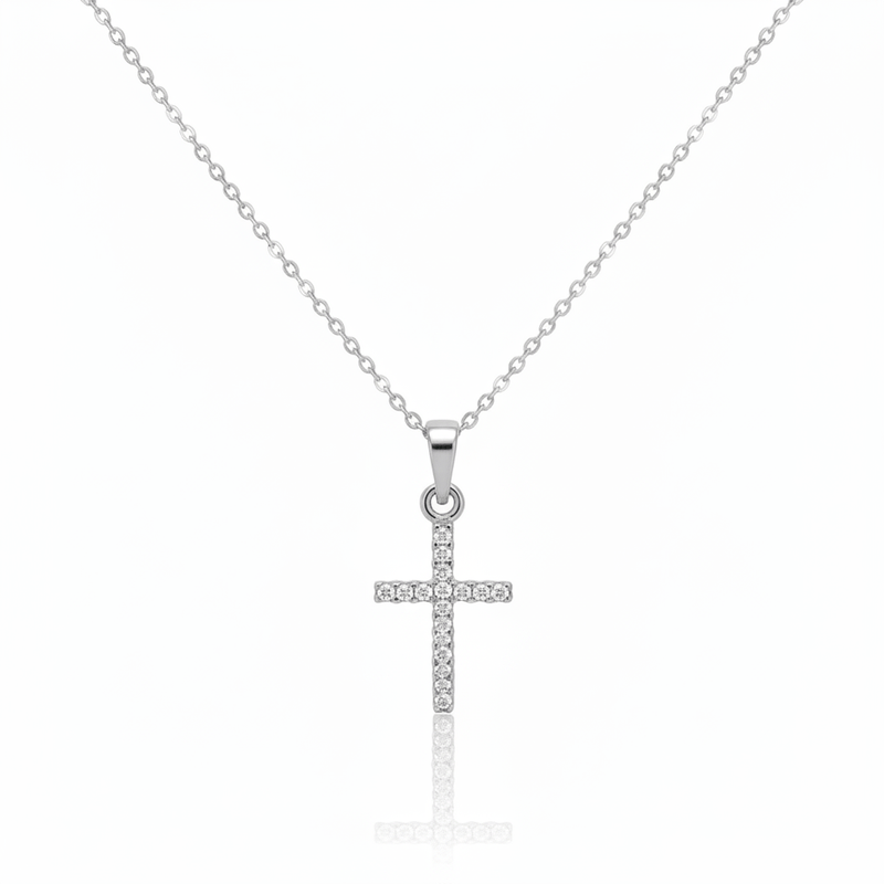 Silver Cross Necklace w/ Clear Zirconias 18 - inch - Guadalupe Gifts