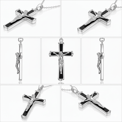 Silver Crucifix Necklace w/ Black Opal 18 - inch - Guadalupe Gifts