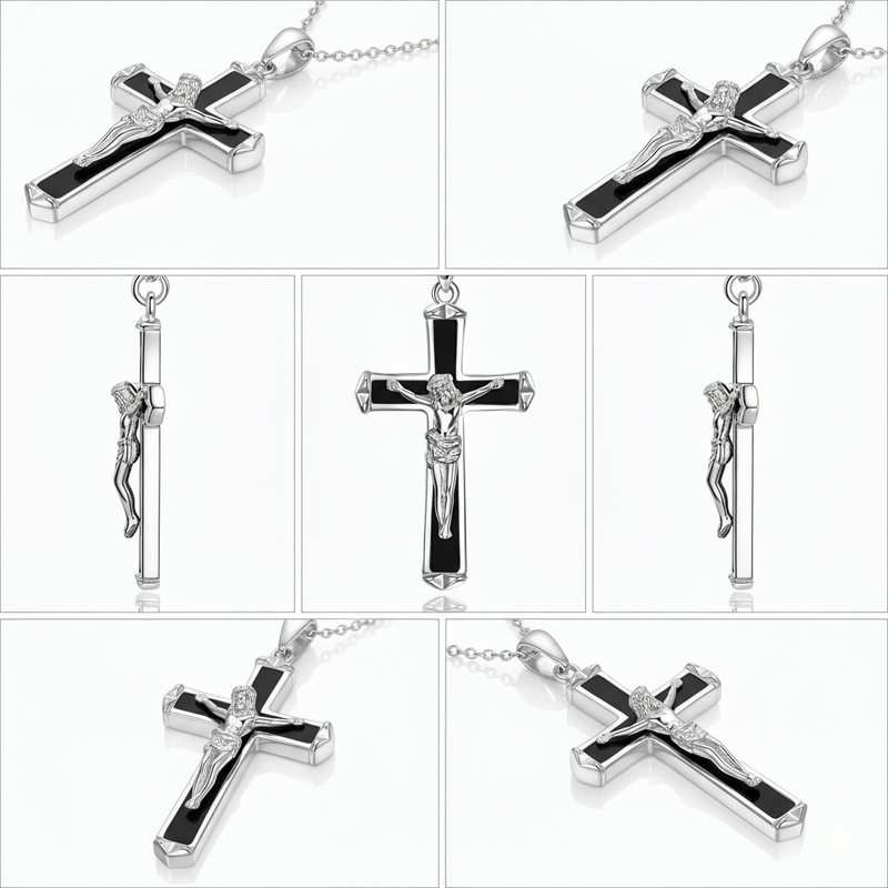 Silver Crucifix Necklace w/ Black Opal 18 - inch - Guadalupe Gifts