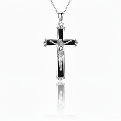 Silver Crucifix Necklace w/ Black Opal 18 - inch - Guadalupe Gifts