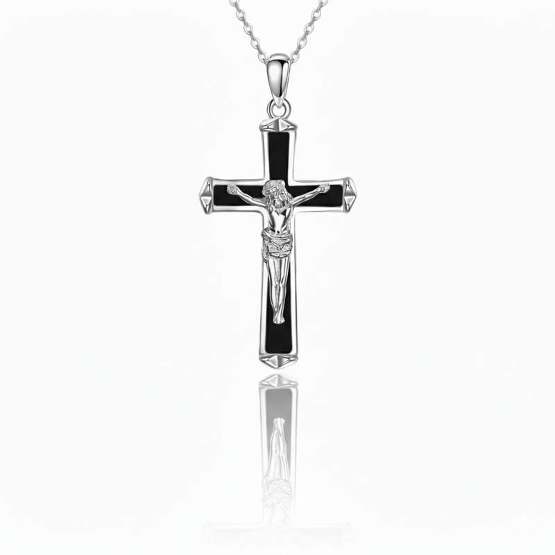 Silver Crucifix Necklace w/ Black Opal 18 - inch - Guadalupe Gifts