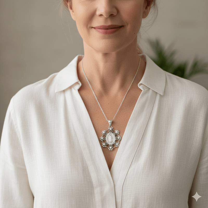 Silver Guadalupe Baroque Pendant with Pearls 18 - inch - Guadalupe Gifts