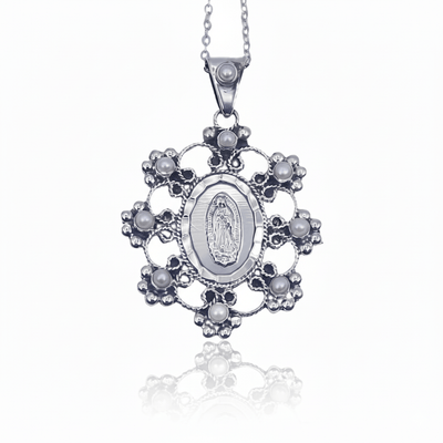 Silver Guadalupe Baroque Pendant with Pearls 18 - inch - Guadalupe Gifts