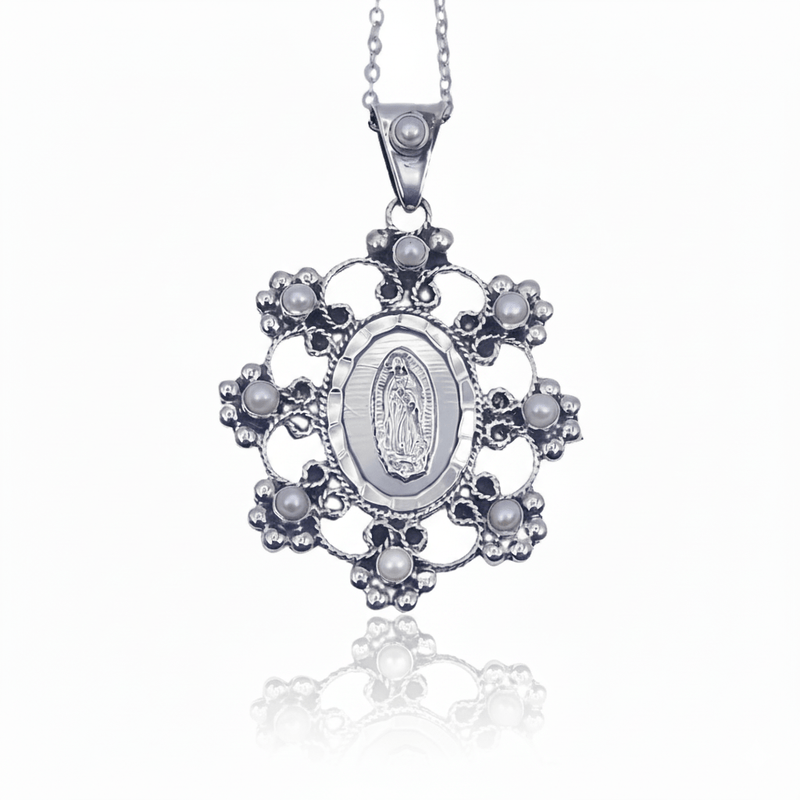 Silver Guadalupe Baroque Pendant with Pearls 18 - inch - Guadalupe Gifts