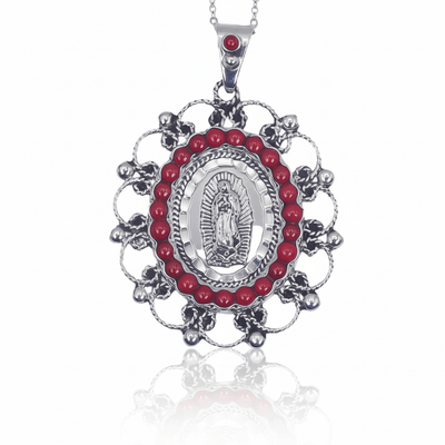 Silver Guadalupe Pendant with Coral Stones 18" - Guadalupe Gifts