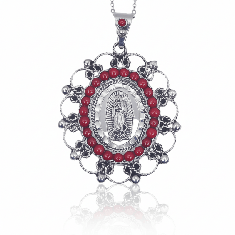Silver Guadalupe Pendant with Coral Stones 18" - Guadalupe Gifts