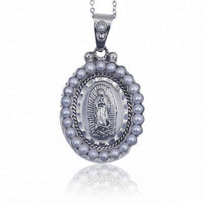 Silver Guadalupe Pendant with Pearls 18" - Guadalupe Gifts