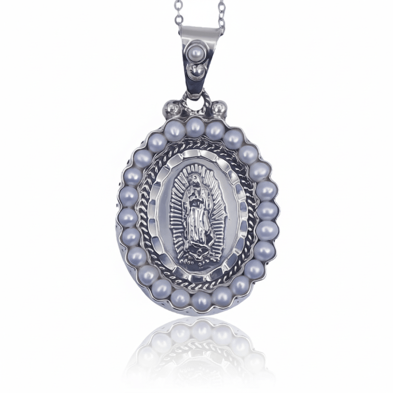 Silver Guadalupe Pendant with Pearls 18" - Guadalupe Gifts