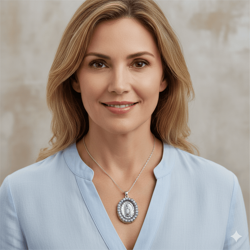 Silver Guadalupe Pendant with Pearls 18" - Guadalupe Gifts