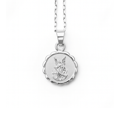 Silver Guardian Angel Floral Round Petite Necklace 18 - inch - Guadalupe Gifts