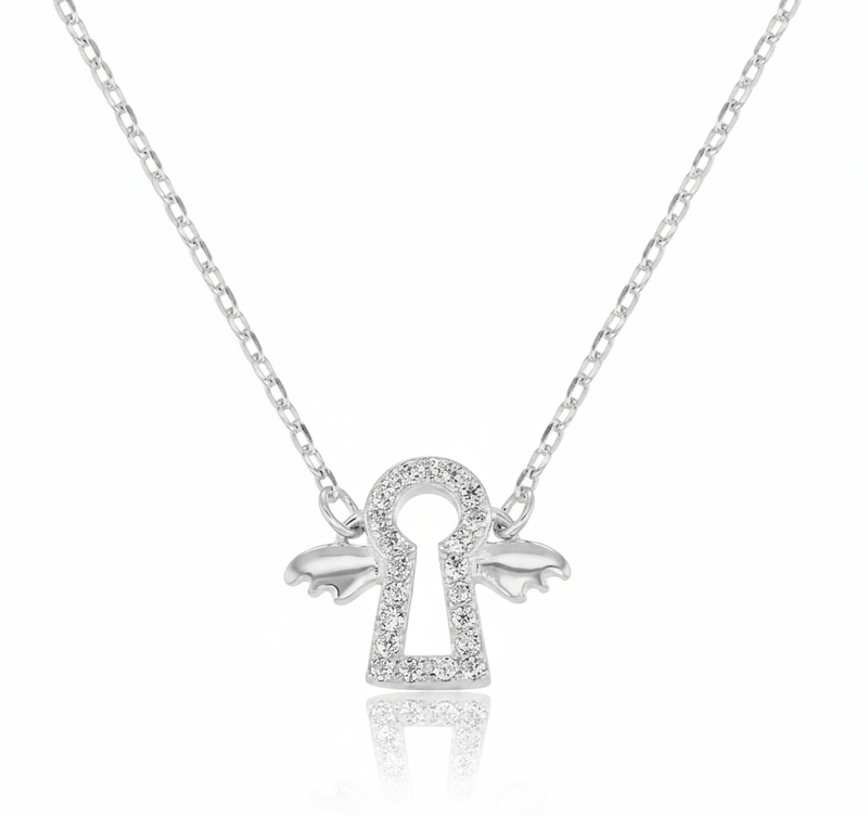 Silver Guardian Angel Necklace w/ CZs 16 - inch - Guadalupe Gifts