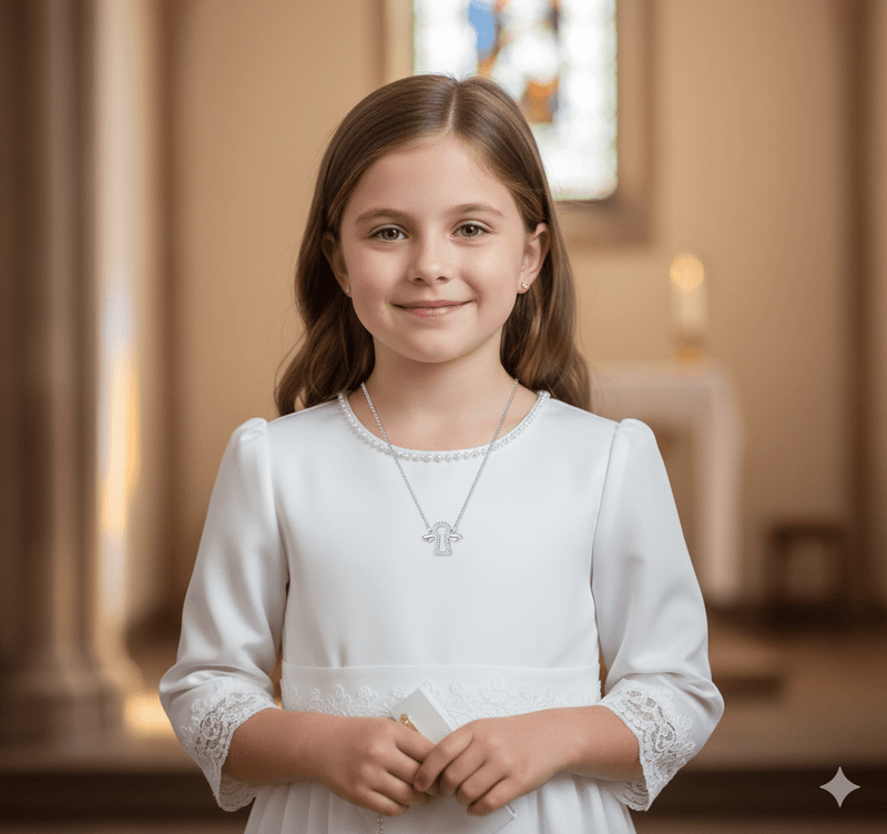 Silver Guardian Angel Necklace w/ CZs 16 - inch - Guadalupe Gifts