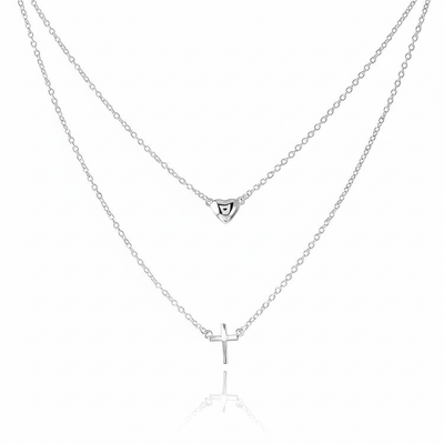 Silver Heart & Cross Double Strand Heart and Cross Necklace 18 - inch - Guadalupe Gifts