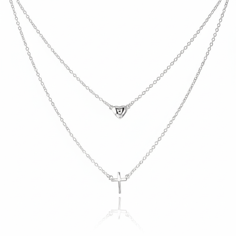 Silver Heart & Cross Double Strand Heart and Cross Necklace 18 - inch - Guadalupe Gifts