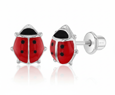 Silver Ladybug Safety Screw Back Earrings - Guadalupe Gifts