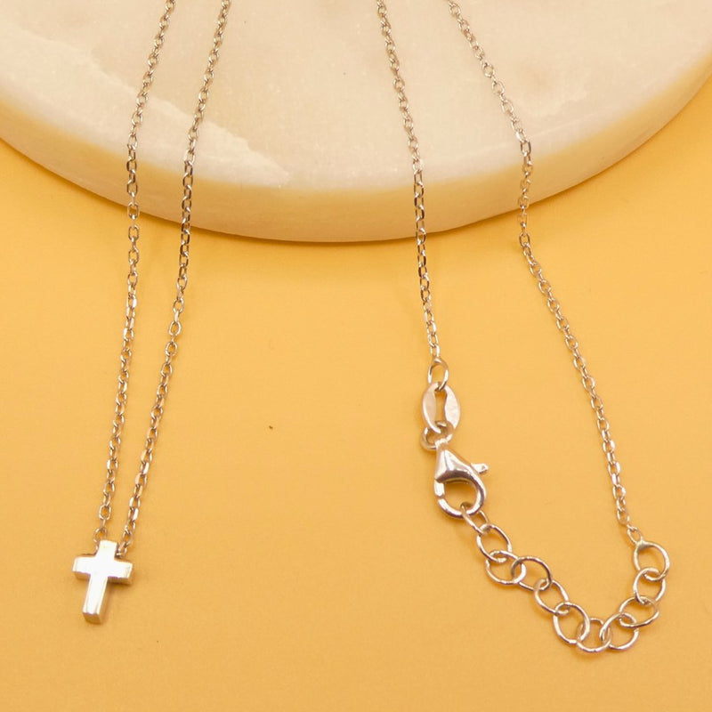 Silver Mini Cross Necklace with Rhodium Plating 17" - Guadalupe Gifts