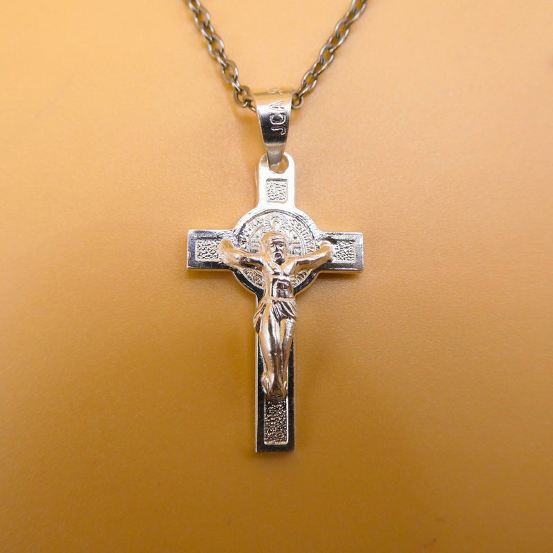 Silver Mini Saint Benedict Crucifix Necklace 18" - Guadalupe Gifts