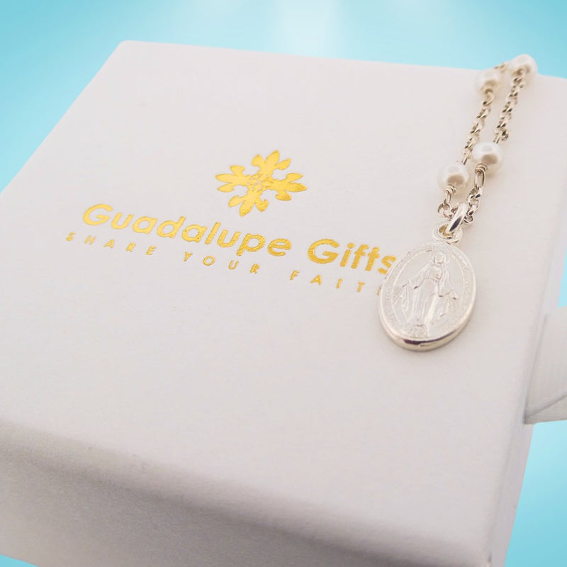 Silver Miraculous Mary Medal Necklace: Gold Vermeil with Beaded Chain - Guadalupe Gifts