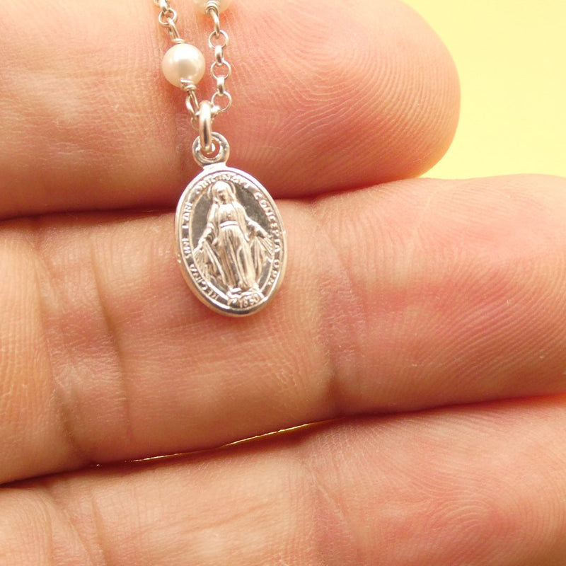 Silver Miraculous Mary Medal Necklace: Gold Vermeil with Beaded Chain - Guadalupe Gifts