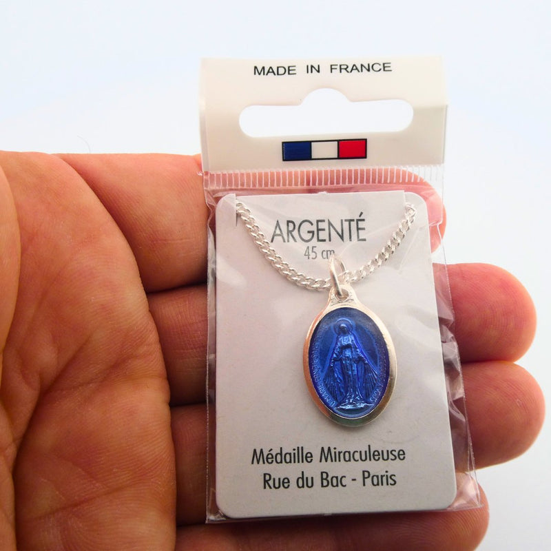Silver Miraculous Medal Blue Necklace 18" | France | Rue du Bac - Guadalupe Gifts