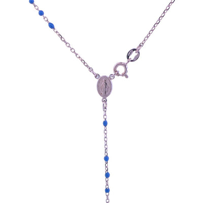 Silver Miraculous Medal Rosary Necklace with Blue Enamel Beads 20" - Guadalupe Gifts