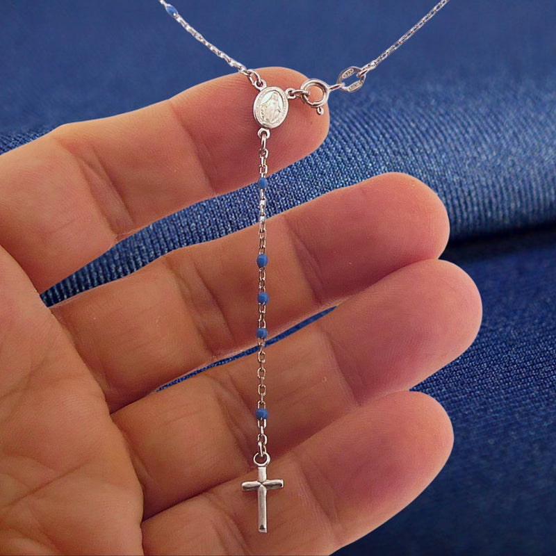 Silver Miraculous Medal Rosary Necklace with Blue Enamel Beads 20" - Guadalupe Gifts