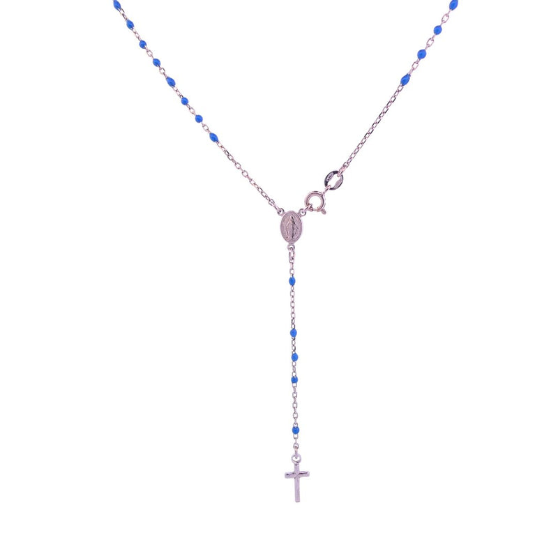 Silver Miraculous Medal Rosary Necklace with Blue Enamel Beads 20" - Guadalupe Gifts