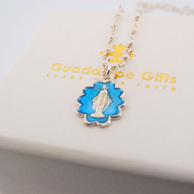 Silver Miraculous Medal with Blue Enamel & Pearls - Beaded Chain 20" - Guadalupe Gifts