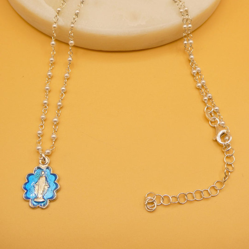 Silver Miraculous Medal with Blue Enamel & Pearls - Beaded Chain 20" - Guadalupe Gifts