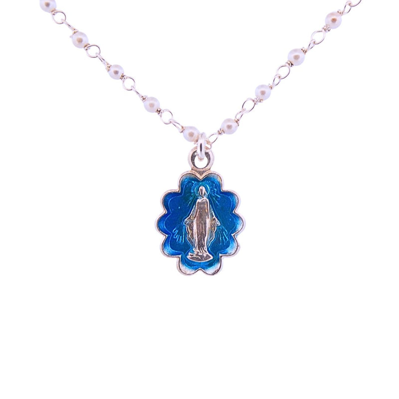 Silver Miraculous Medal with Blue Enamel & Pearls - Beaded Chain 20" - Guadalupe Gifts